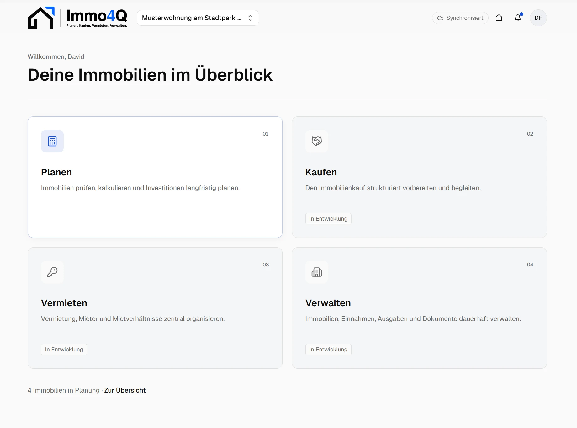 Aktueller Entwicklungsstand: Immobilienübersicht mit den vier Modulen Planen, Kaufen, Vermieten und Verwalten